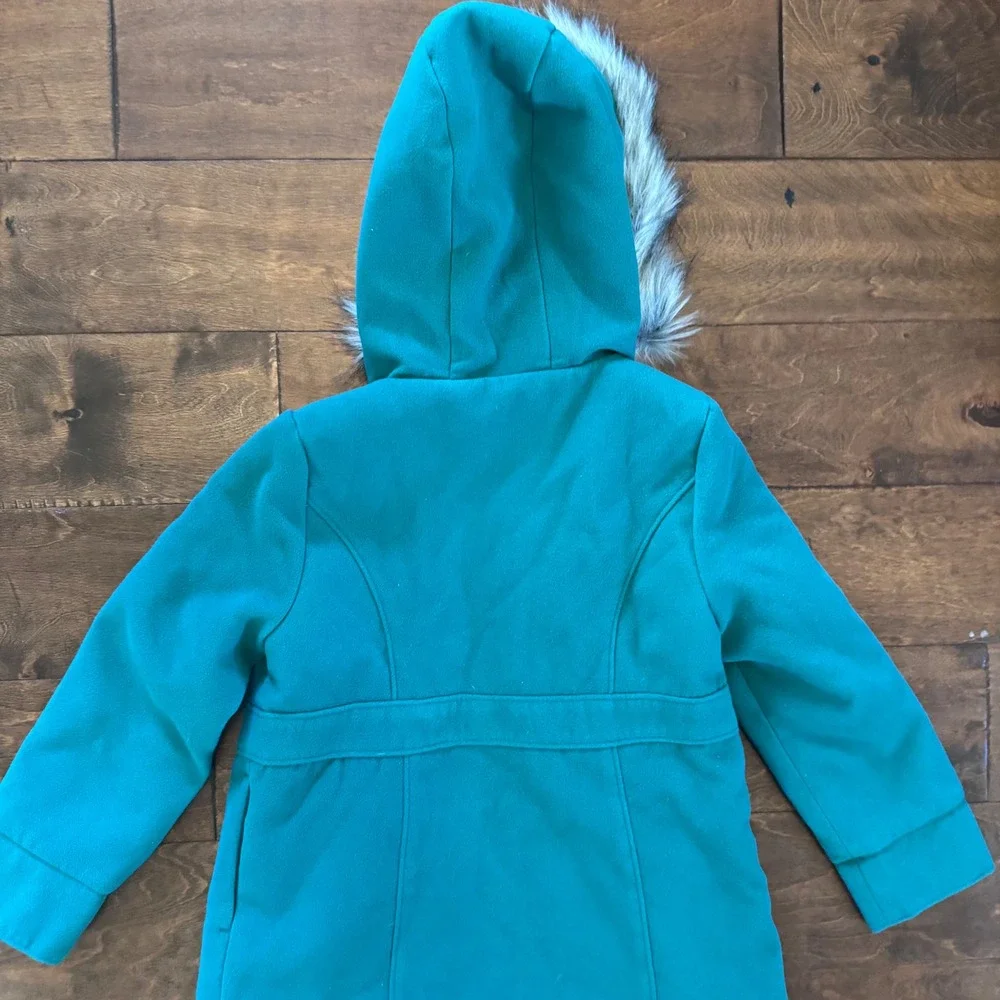Cat & Jack Girls Green Faux Fur Hooded Pea Coat Jacket XS 4-5